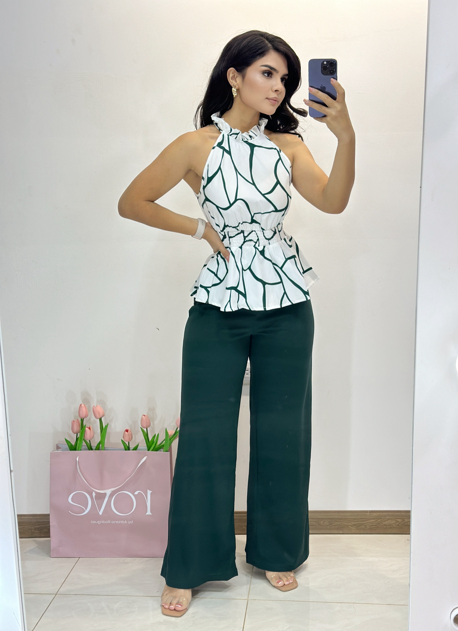 Conjunto blusa estampada + palazzo - Verde esmeralda